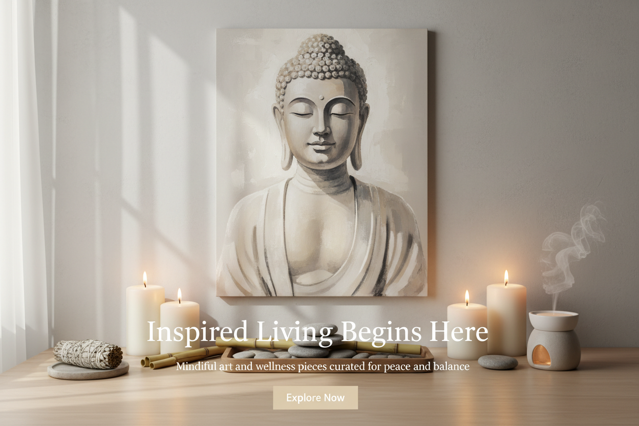 Modern ecommerce hero banner with Zen décor, Buddha canvas, aromatherapy candles, neutral colors, premium style, room for text. Add headline: “Inspired Living Begins Here”. Sub-heading: “Mindful art and wellness pieces curated for peace and balance.” Button: “Explore Now”